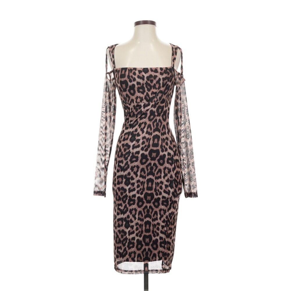 Bebe Leopard Mesh Cold Shoulder Bodycon Midi Dress NWT Size S Y2K